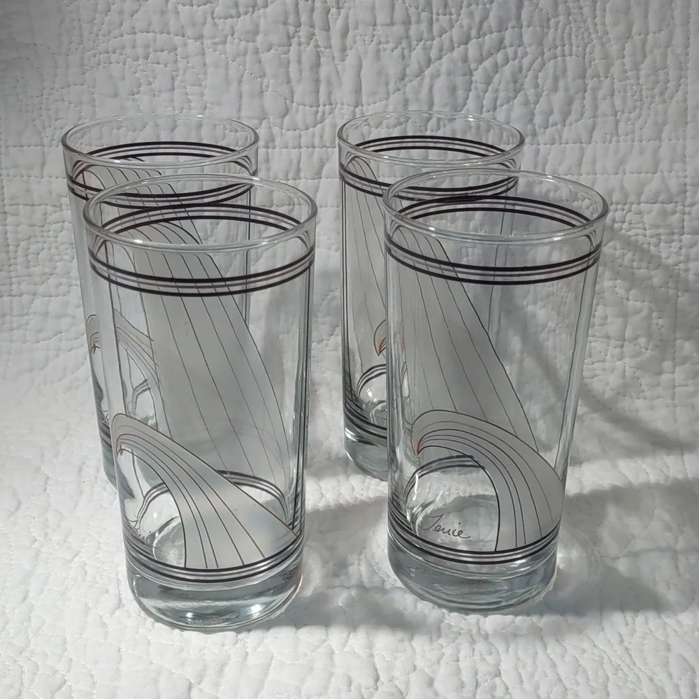 MCM Signed Color Wave High Ball Drinking Glasses Set of 4 Barware